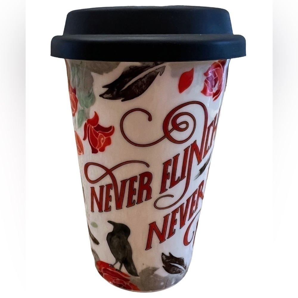 OWLCRATE Nevernight Ceramic Travel Coffee Mug And Silicone Lid Red Roses & Crows - Picture 2 of 9